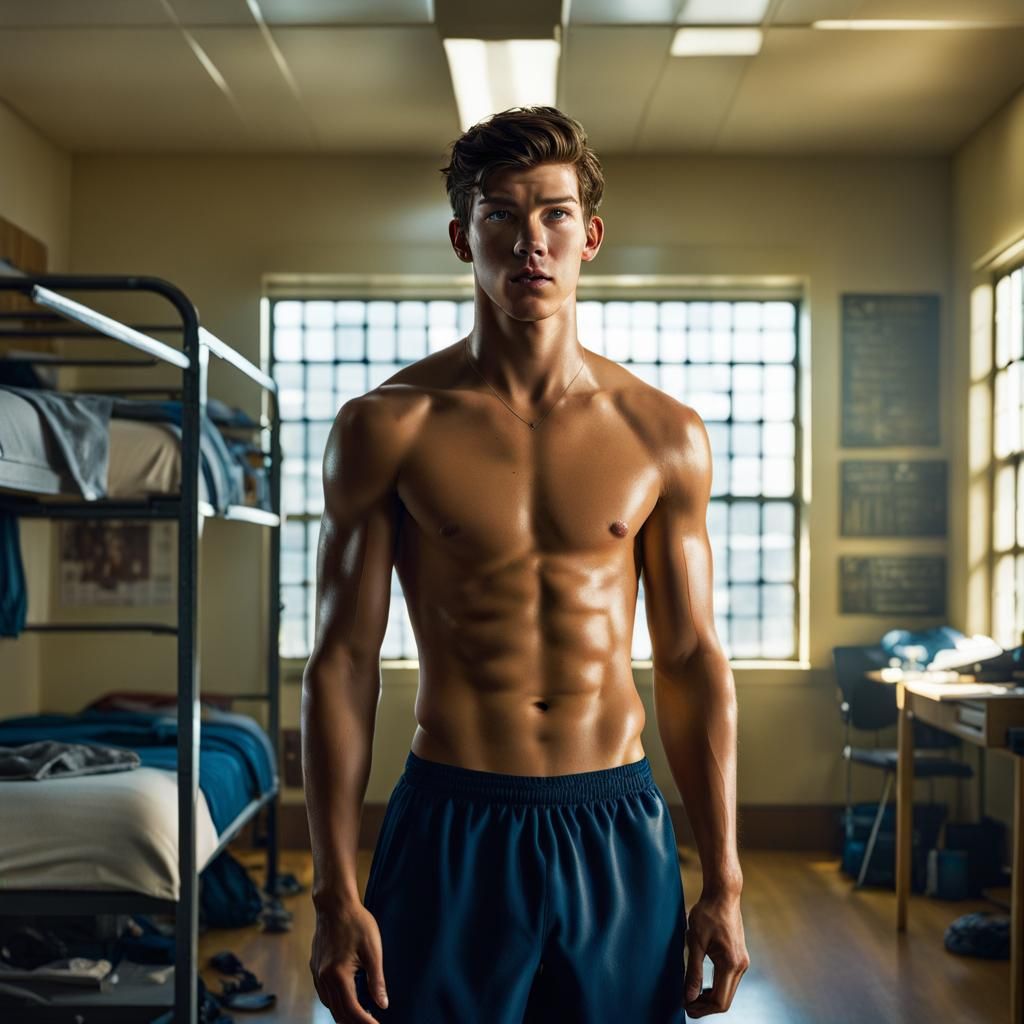 College Athlete in Dorm Room, Cinematic Still
