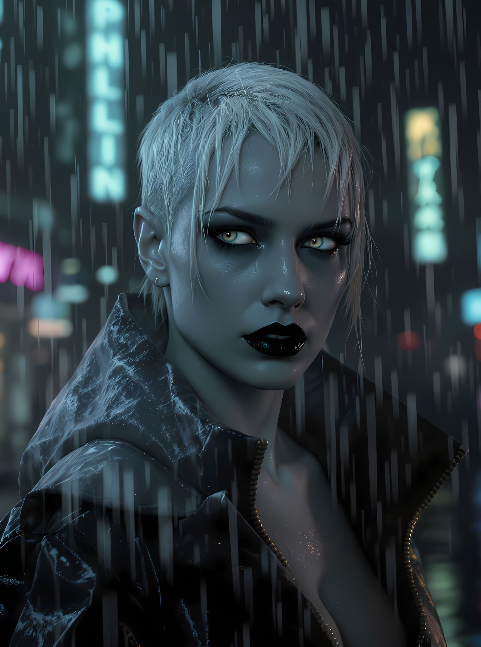 Milla Jovovich in Cyberpunk Night City Rain
