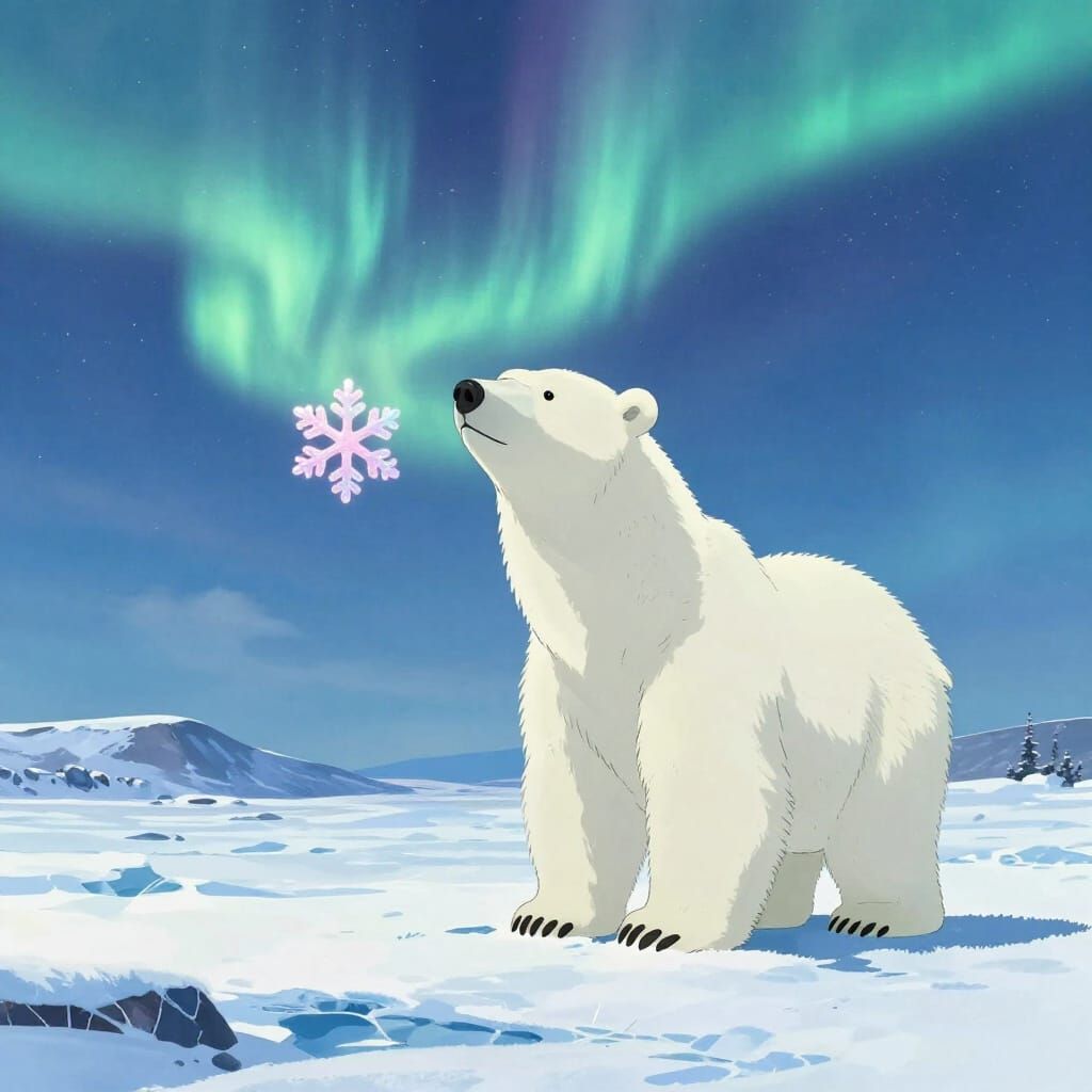 Pink Snowflake Dances with Polar Bear Under Aurora