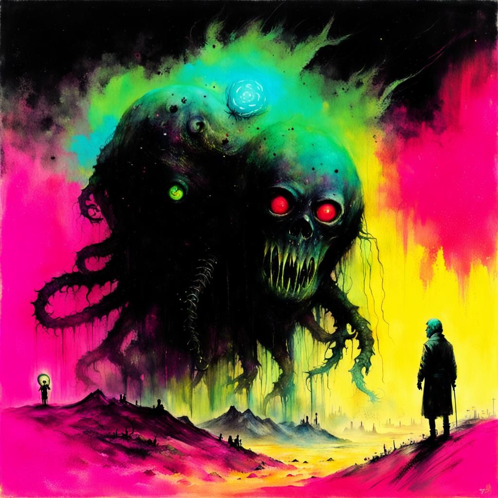 Eerie Neon Horror in Surrealist Style