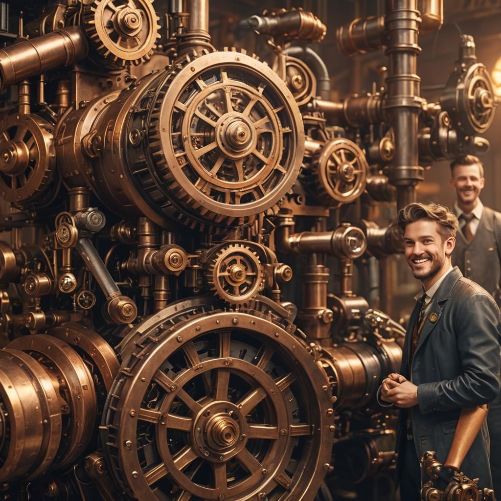 Steampunk Engine: Happy People in Industrial Setting