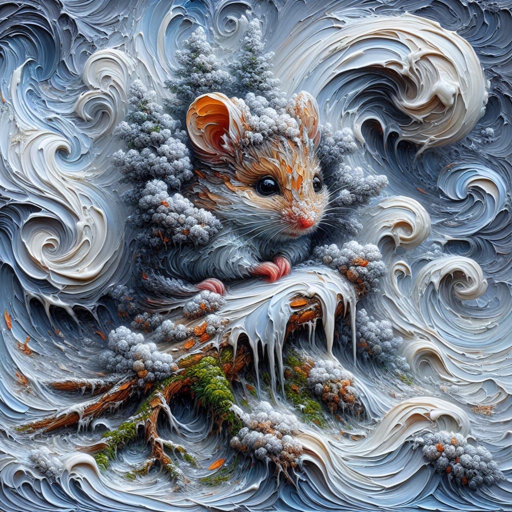 Mouse in Blizzard Impasto Painting