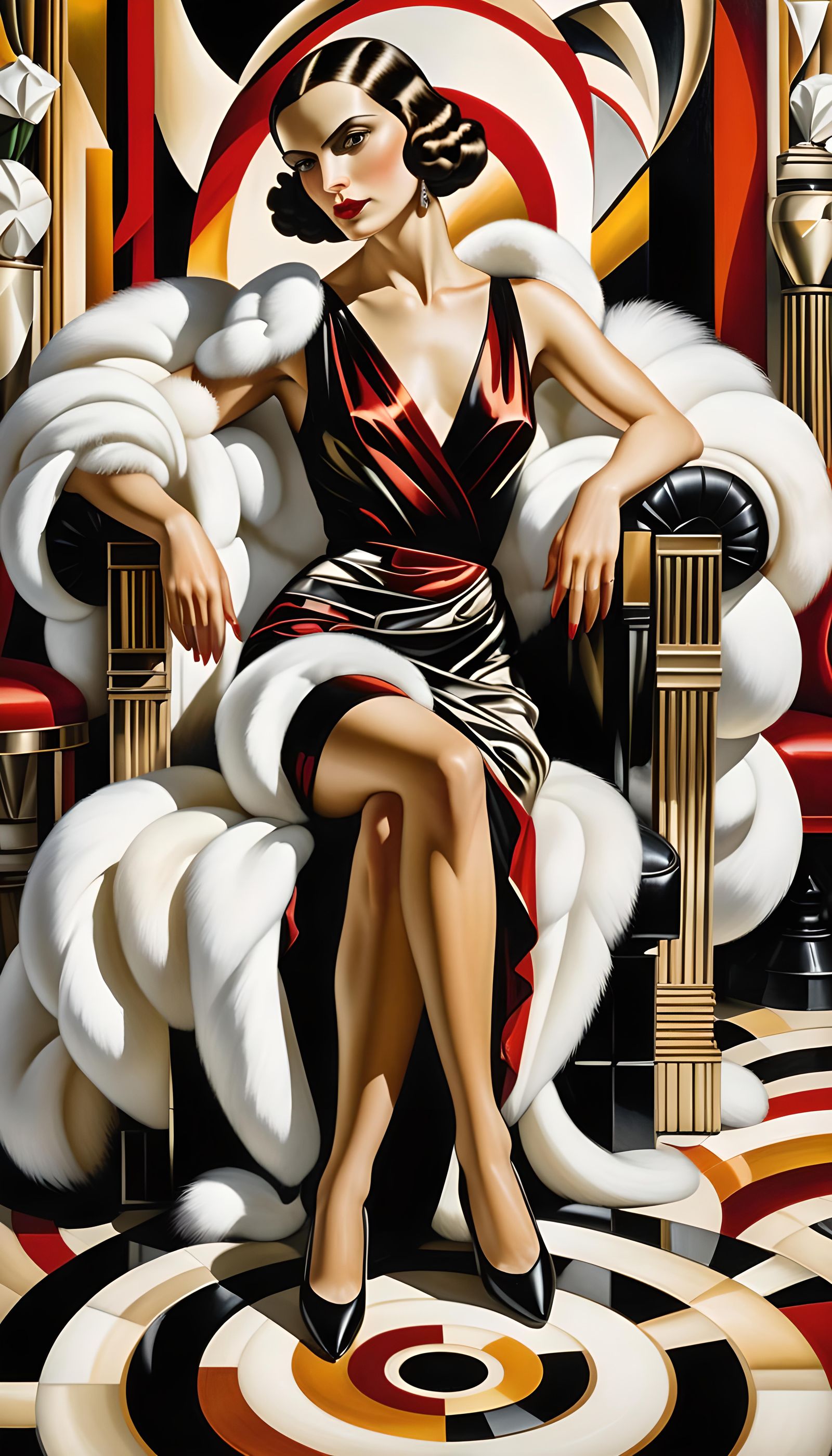 Elegant Woman in White Fur, Art Deco Style