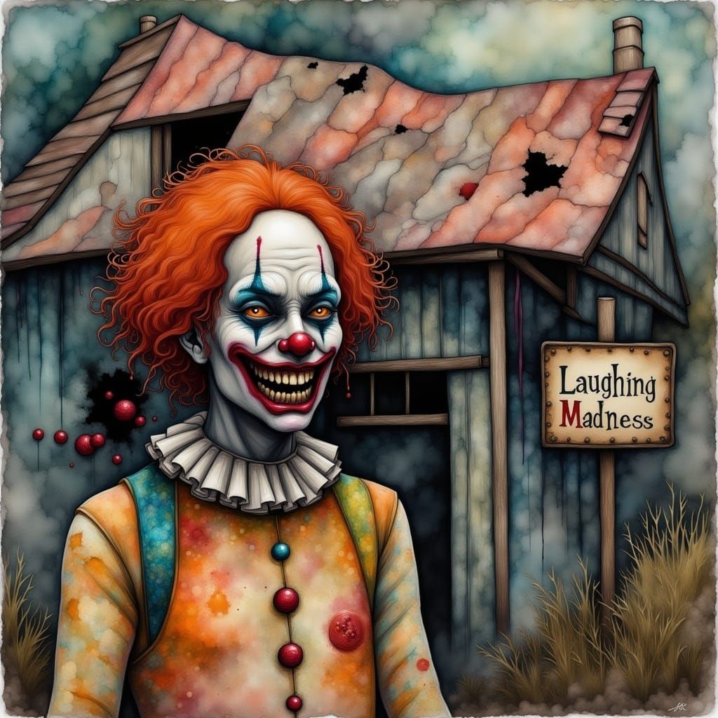 Menacing Clown in Front of Abandoned Funhouse