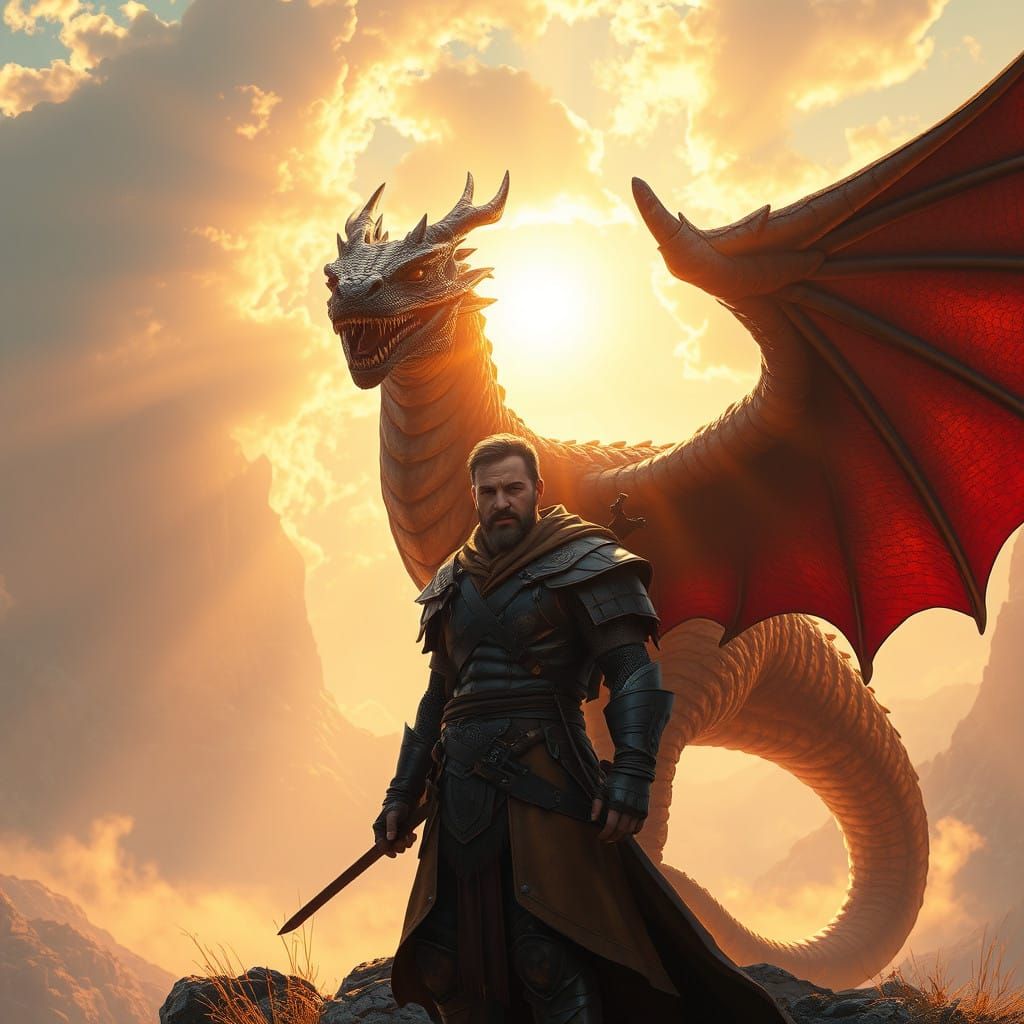 Heroic Figure Basks in Golden Sunshine with Majestic Dragon