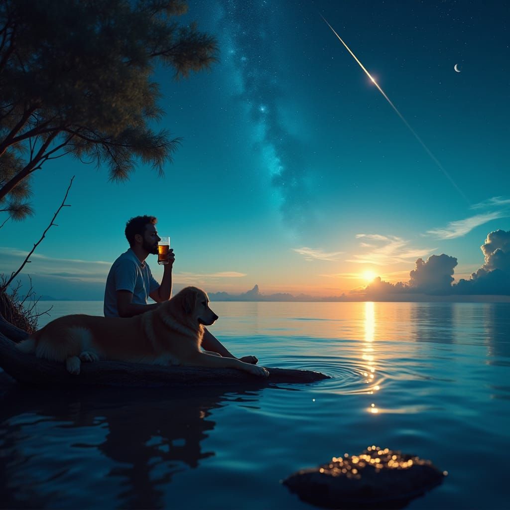 Night Seascape with Man, Dog, and Comet