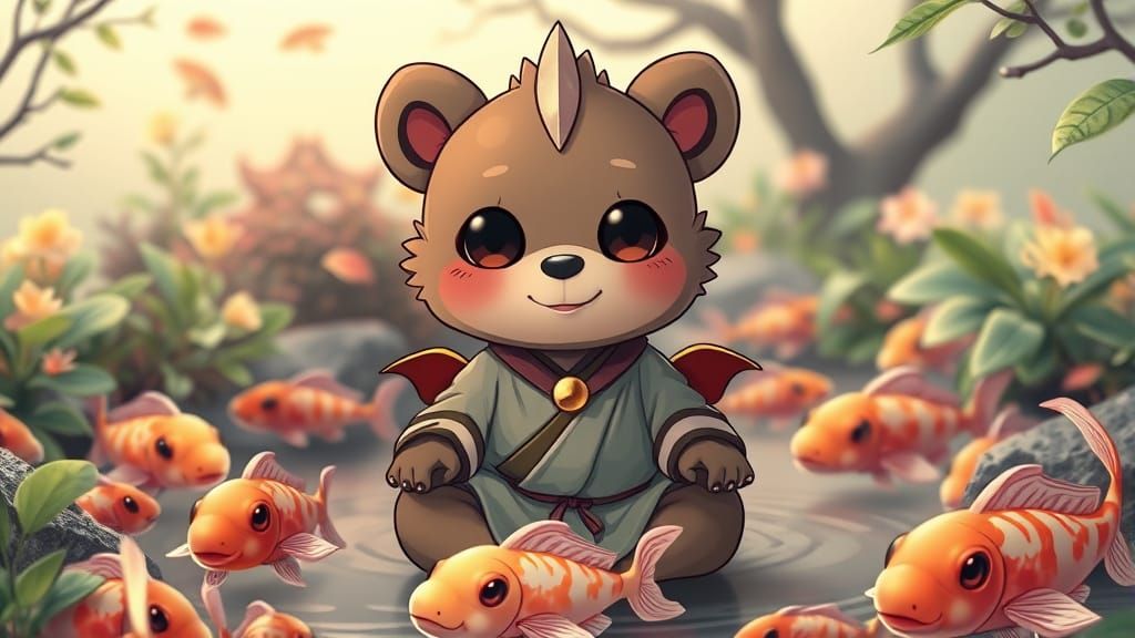 : A cute chibi dragon bear daoist monk, with oversized eyes ...