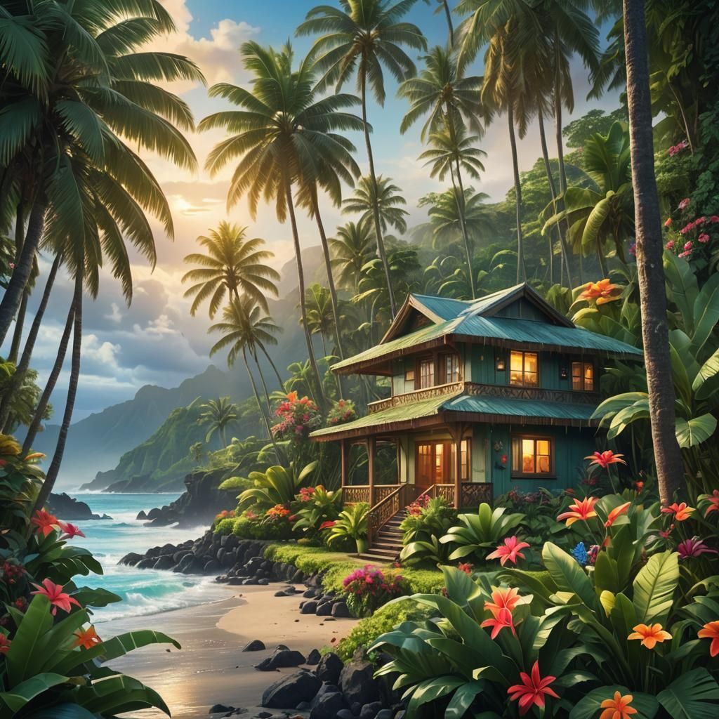 Hawaiian House in Tropical Paradise: Digital Matte Painting
