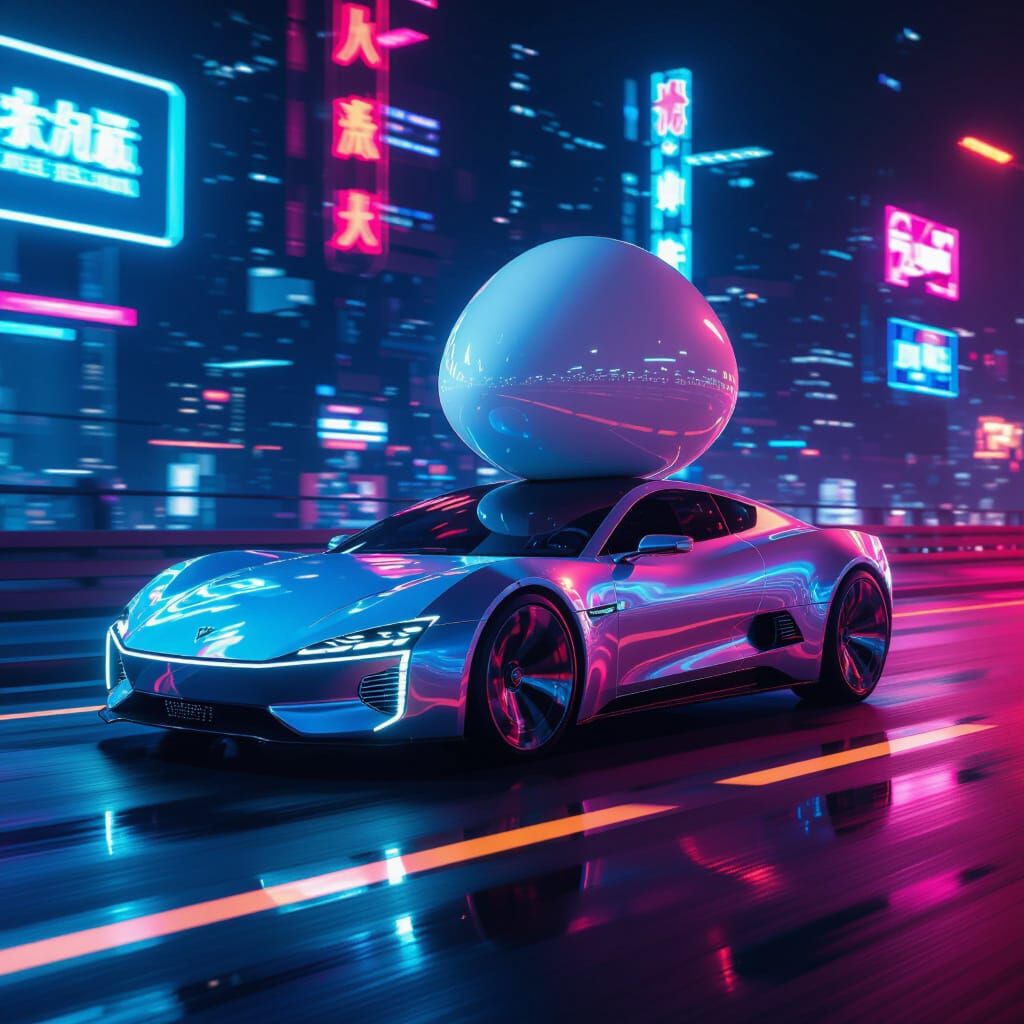 Cyberpunk Car with Giant Egg on Neon Highway