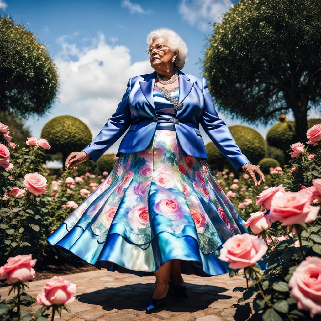 A low-angle, dutch angle composition of a majestic, female 6...