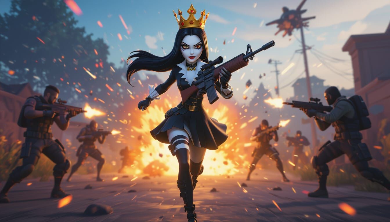 Fortnite Wednesday Addams Chases Victory With Rifle