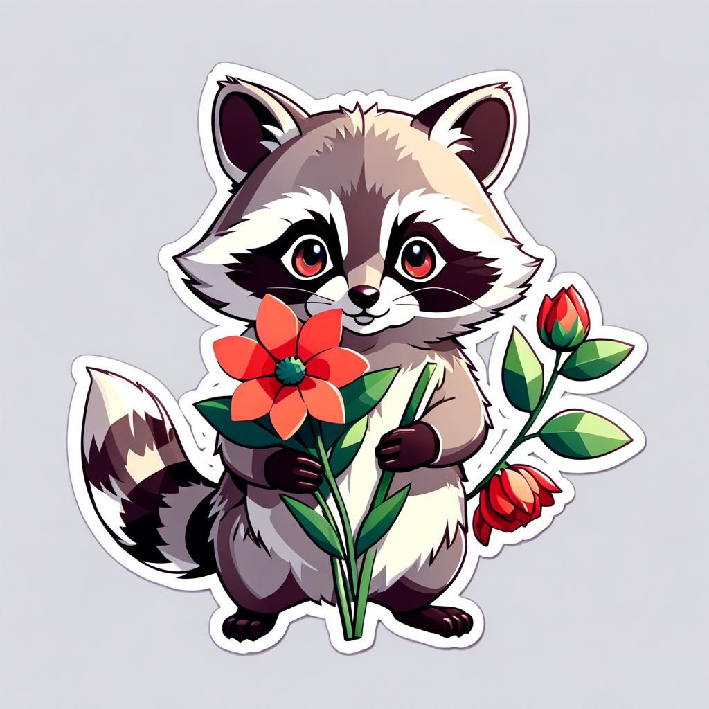 Raccoon with Flower Sticker in Low Poly Style