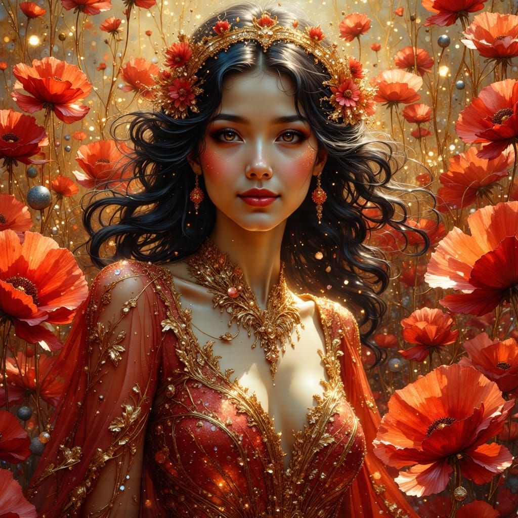 Crimson Poppy Goddess in Art Nouveau Style