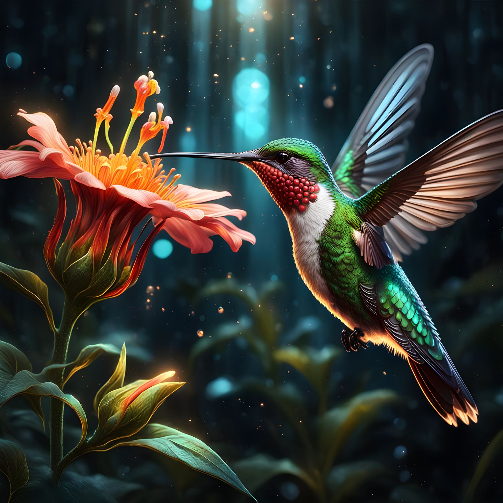Hummingbird Sipping Nectar from Luminous Flower
