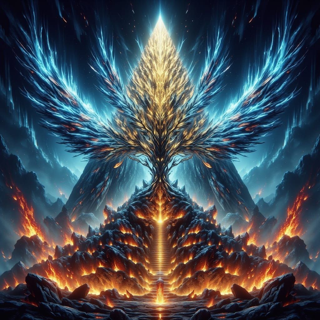 Majestic Mountain with Tree of Life in Folk Art