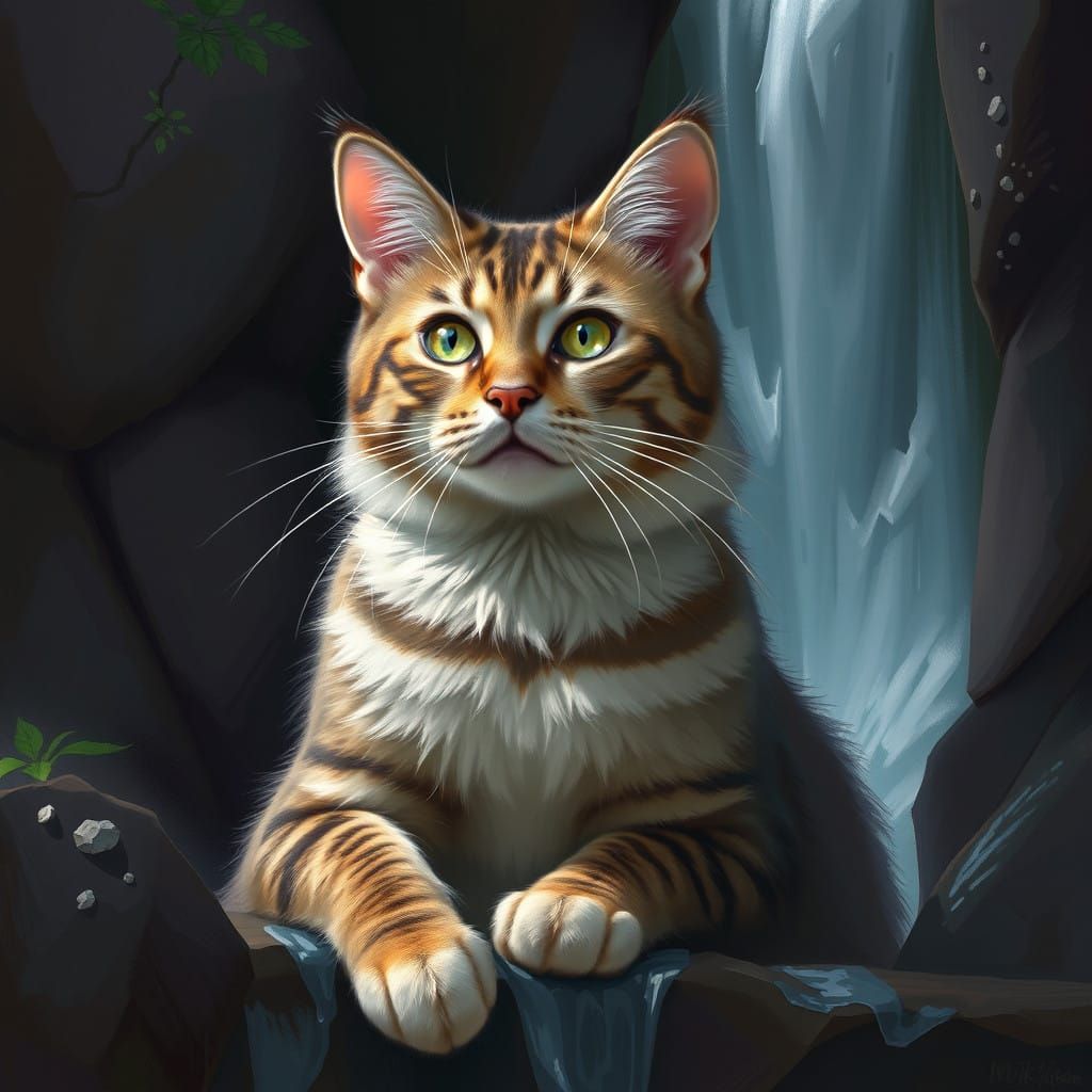 Ethereal Cat Amidst a Majestic Waterfall