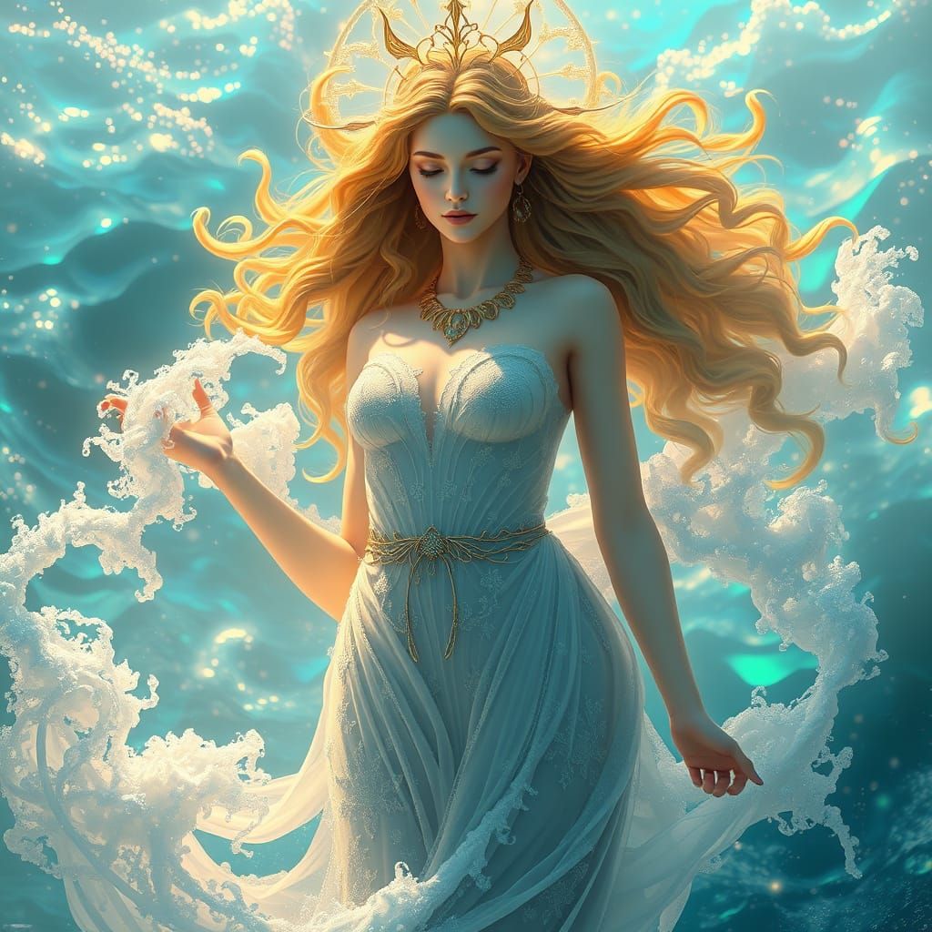 Ethereal Goddess Amidst Iridescent Oceanic Backdrop