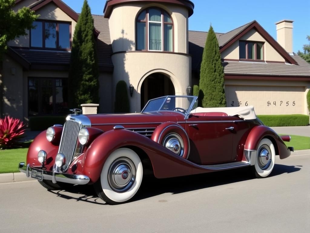 Art Deco Cabriolet Parked Before Deco House