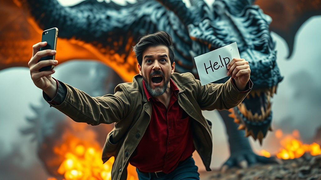 Man Selfies While Running from Dragon