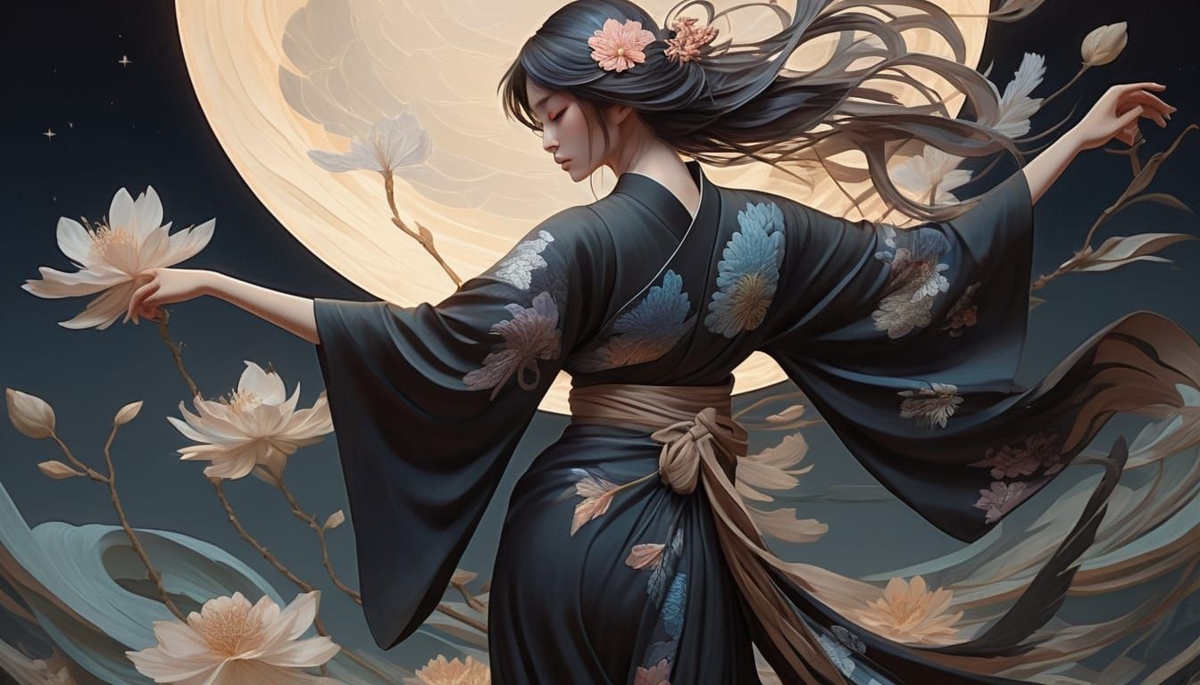 Angel of Death in Surreal Moonlit Landscape with Anime Girl