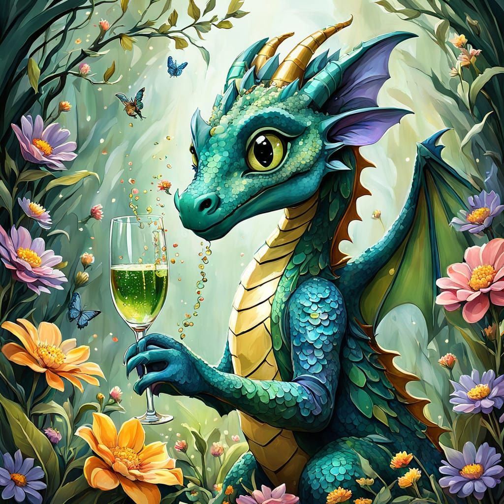 Vibrant Dragon in Whimsical Garden Setting, Inspired by Expr...