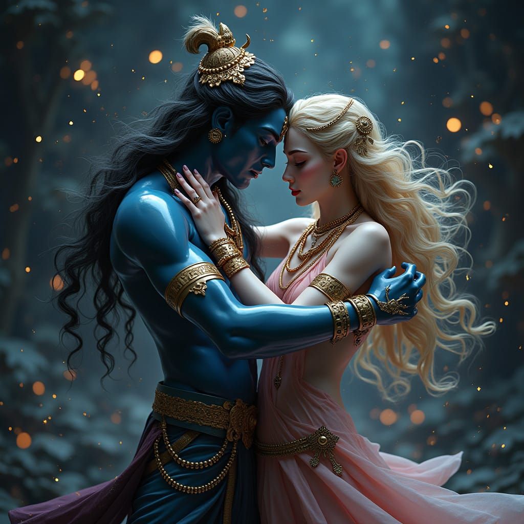 Ethereal Dance of Divine Duo in Cyberpunk Futurism