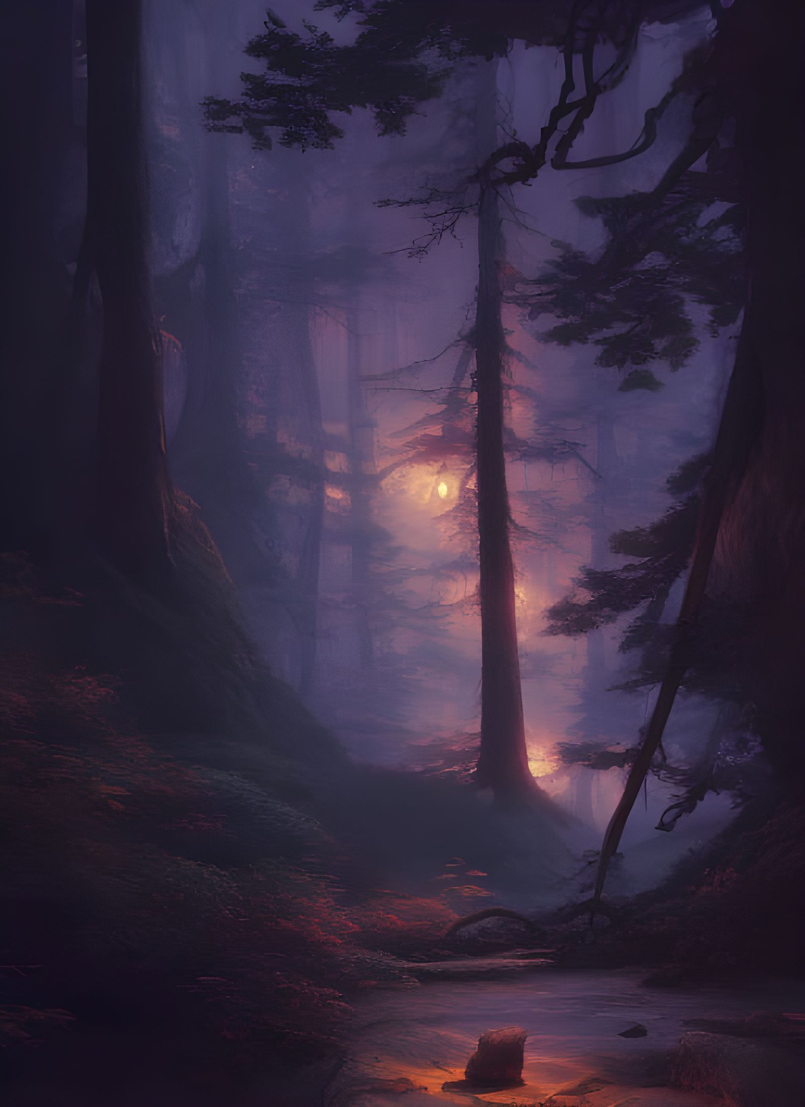 Magical Night: Japanese Mountain Forest Landscape in Digital...