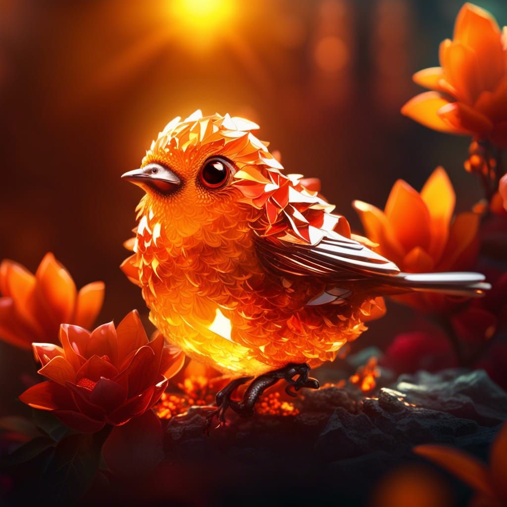 Crystalline Bird with Hibiscus, Digital Matte Painting