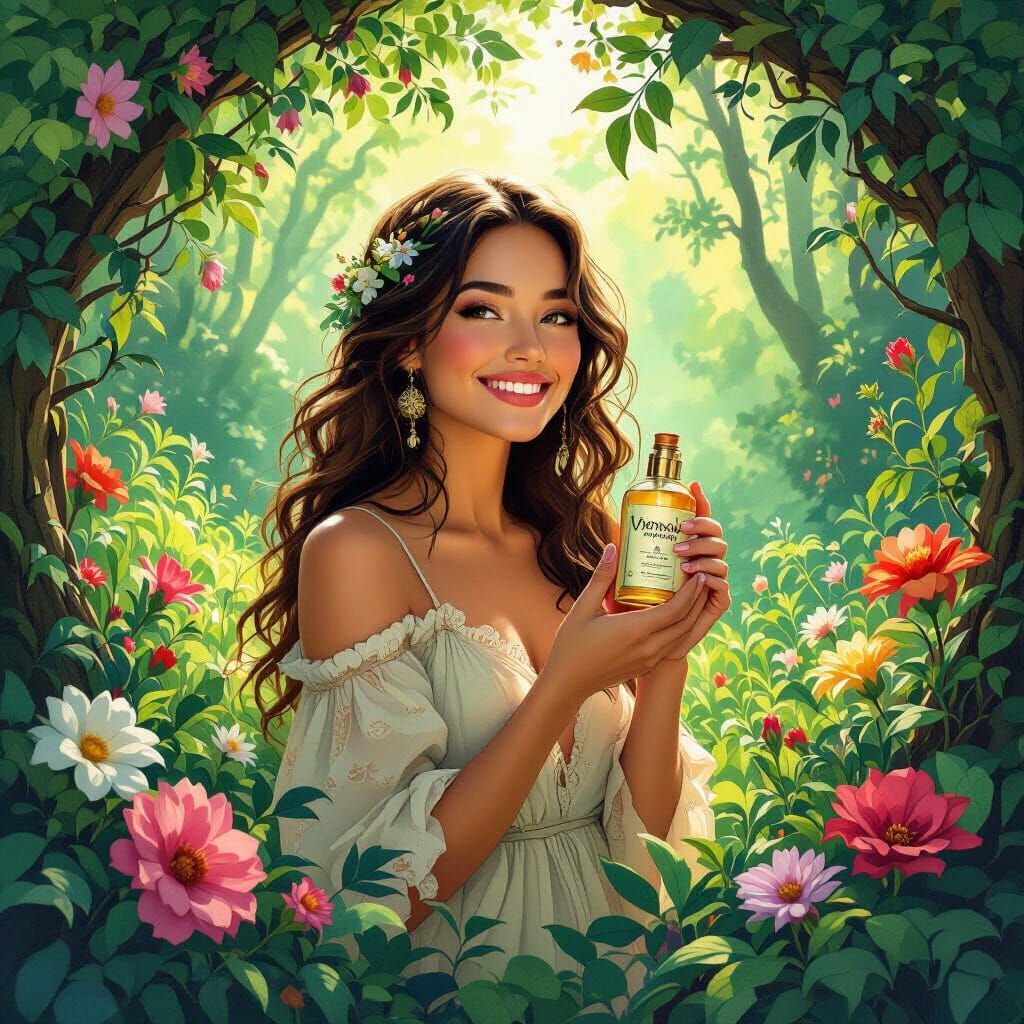 Woman in Lush Forest with Vorisol Avis Bottle, Art Nouveau S...