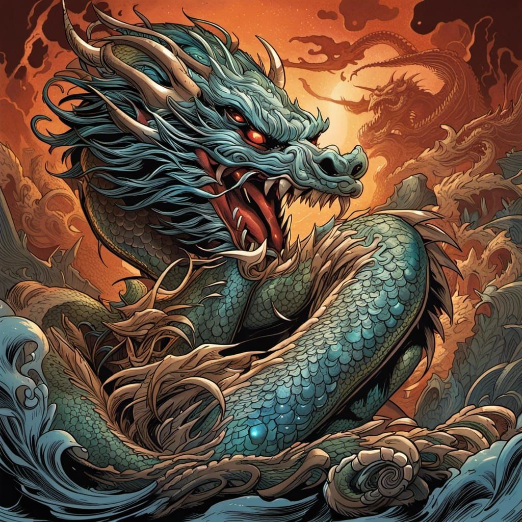 Metallic Chinese Dragon in Comic Book Style