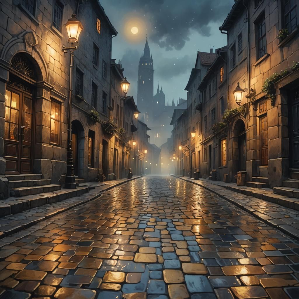 Cobblestone Street in Ancient City: Mixed Media Illustration