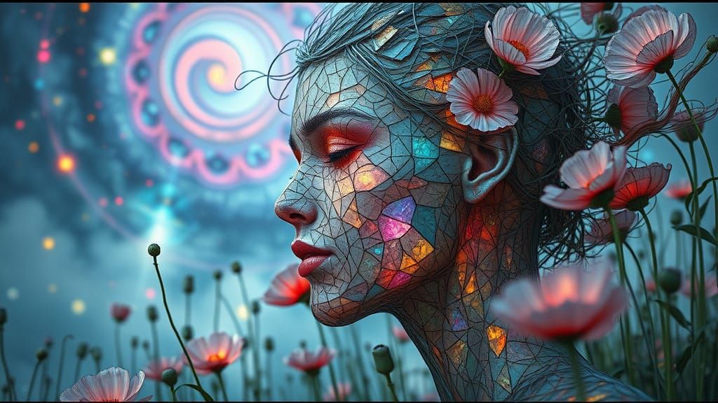 Ephemeral Eco-Art Portrait of Woman with Flowers