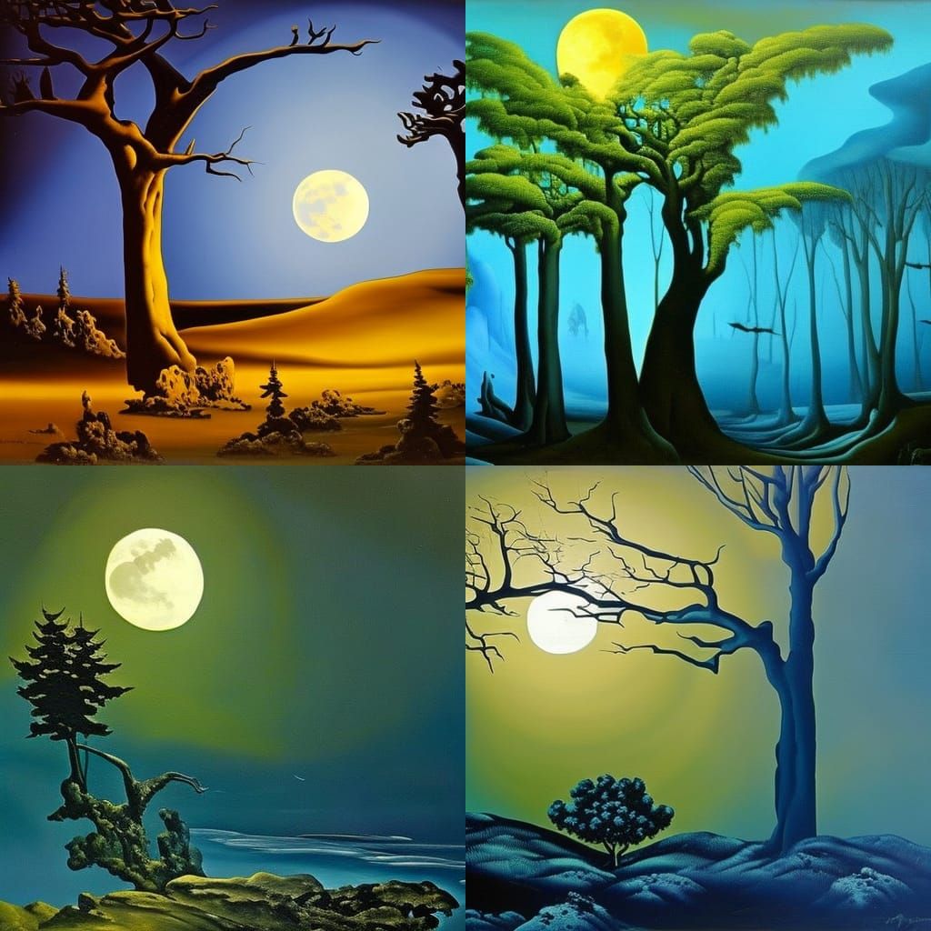 Surreal Spooky Forest in Moonlight: Oil on Canvas