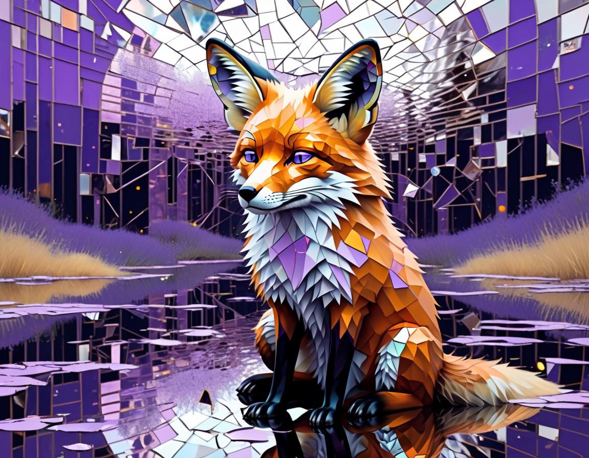 Cyberpunk Digital Art of a Melancholic Fox in Shattered Holo...