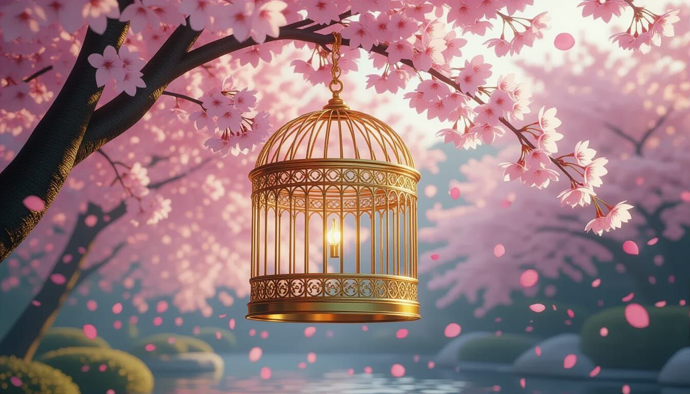 Golden Birdcage on Cherry Tree Branches, Intricate Filigree ...