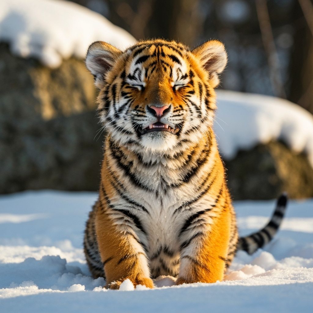 Joyful Tiger Cub Smiling in Snowy Sunlight