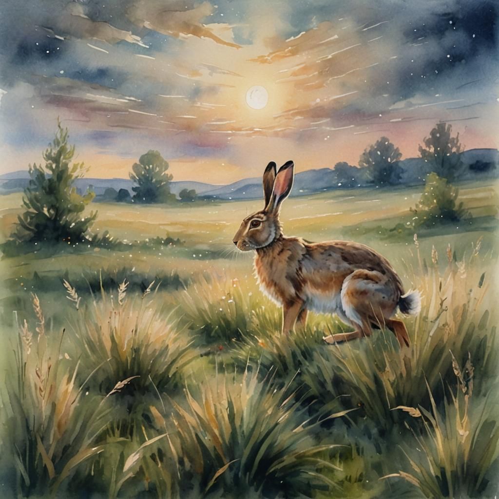 Moonlit Hare in Impressionist Watercolor Painting