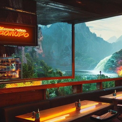 Cyberpunk Coffee Shop Oasis with Mountain Waterfall