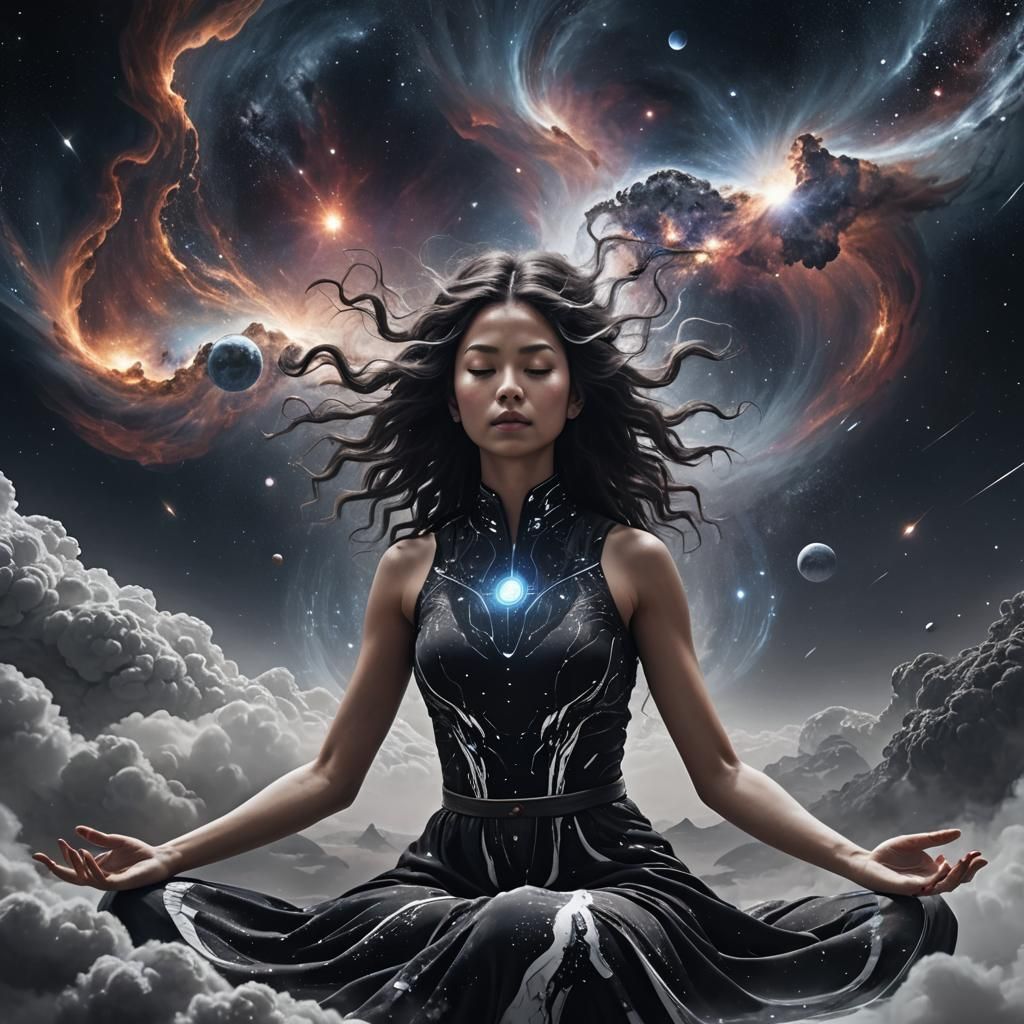 Meditating Woman in Space with Nebula Aura