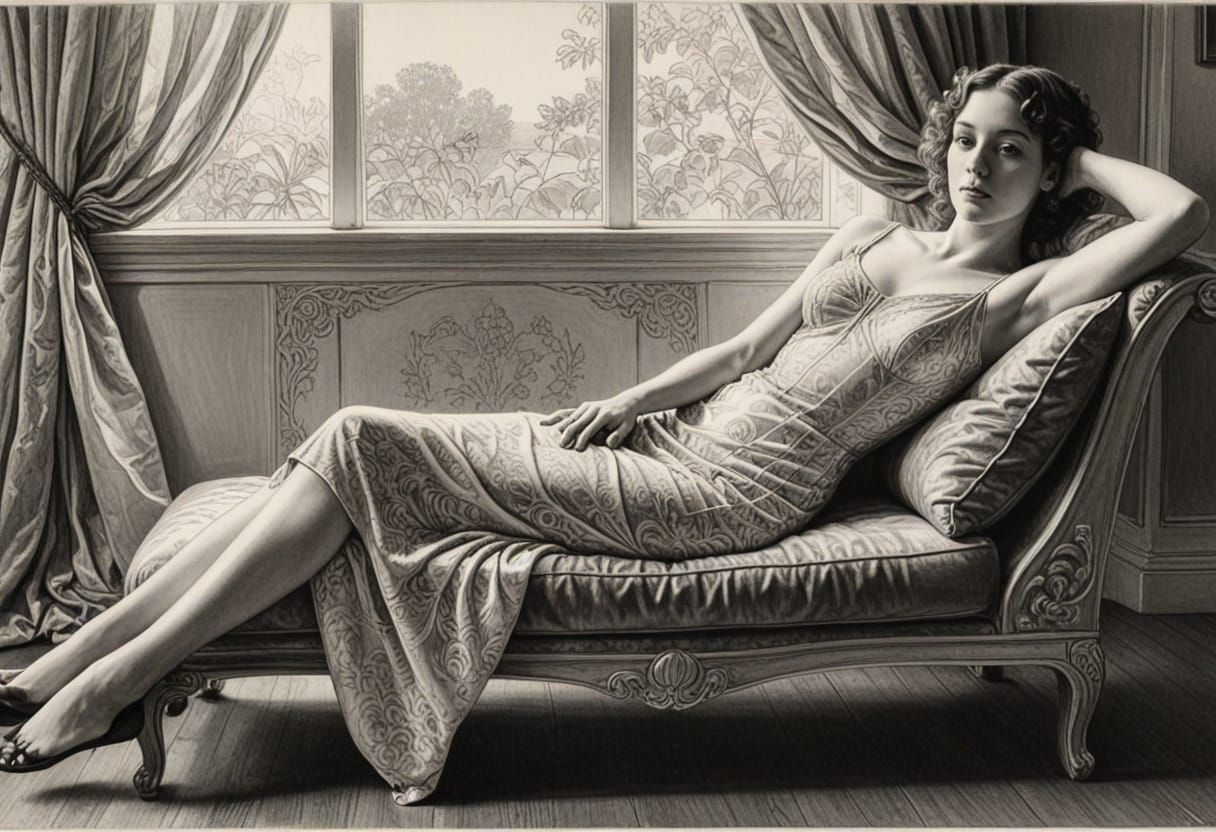 Elegant Woman on Chaise Lounge in Warm Sunlight