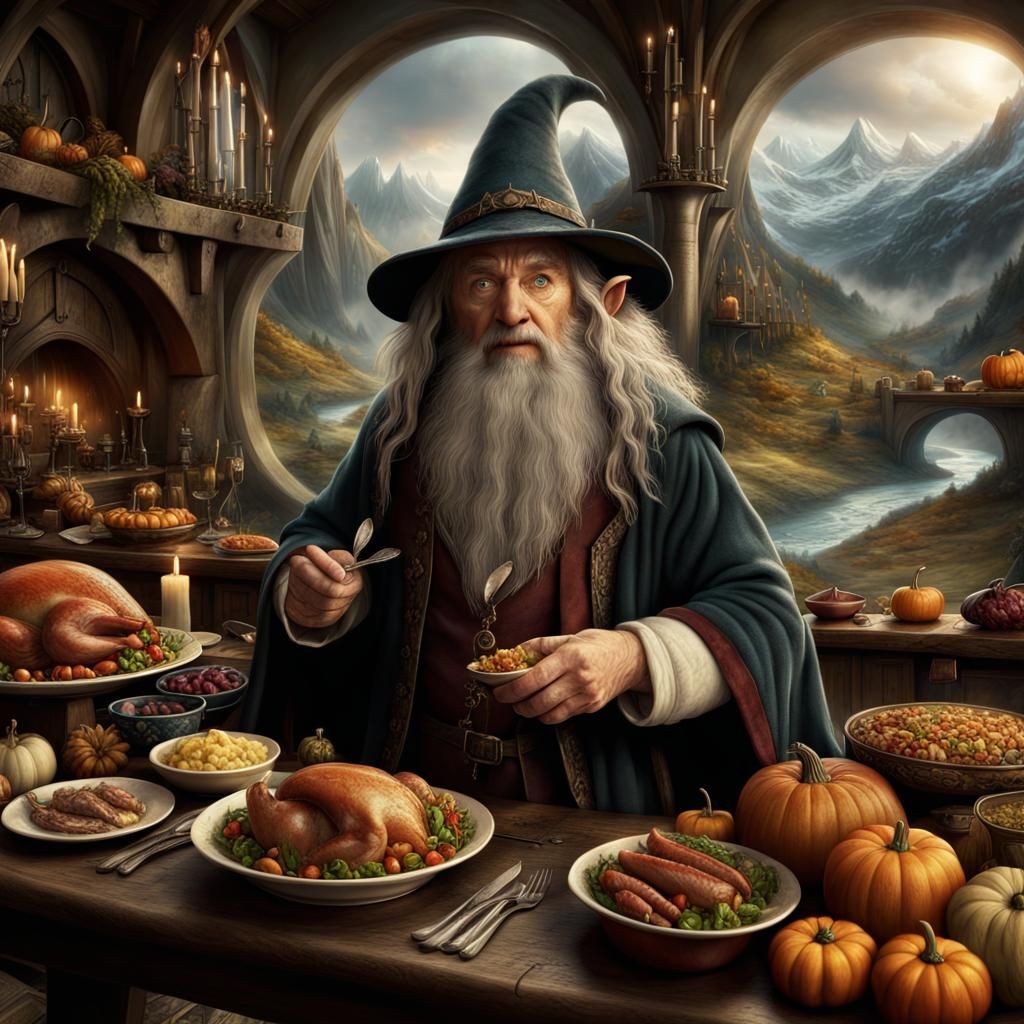 Hobbit and Wizard Thanksgiving: Epic Digital Painting