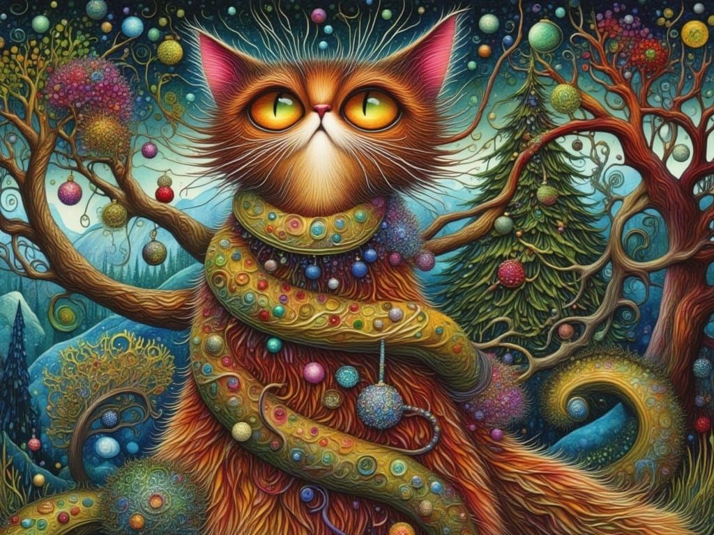 Whimsical Cat Panicked in Christmas Tree