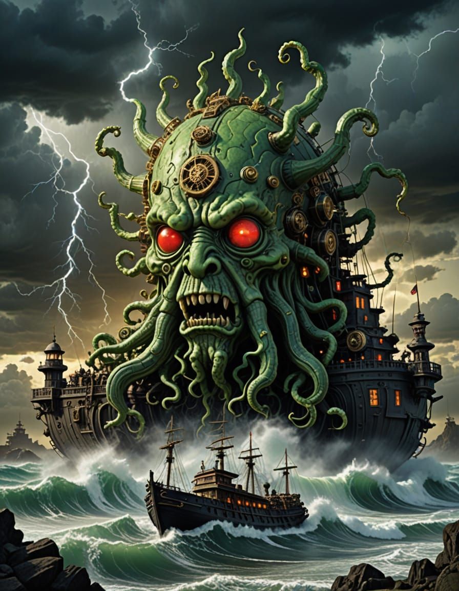 Mysterious Green Storm Giant with Glowing Red Eyes