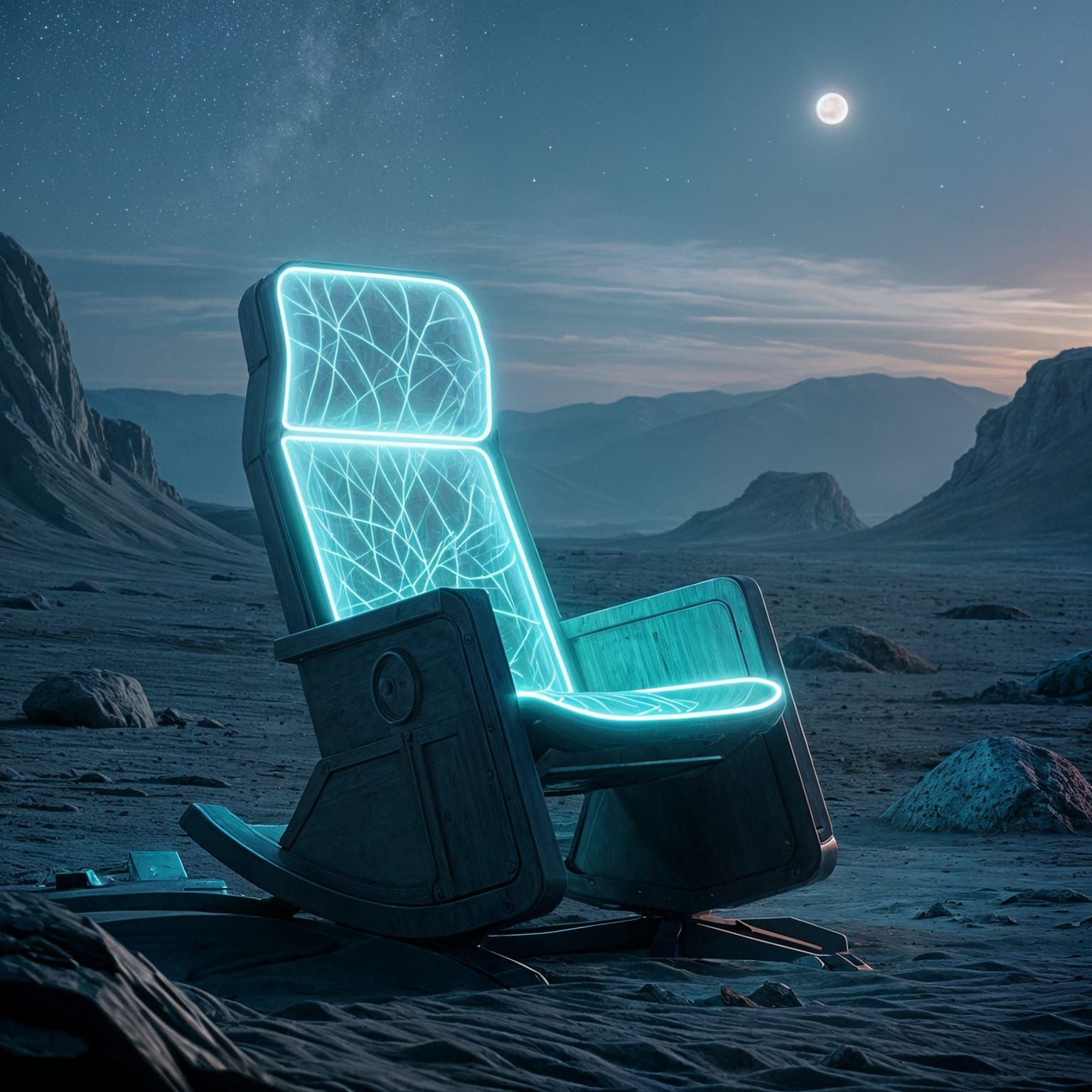 Bioluminescent Rocking Chair on Alien Planet in Film Style