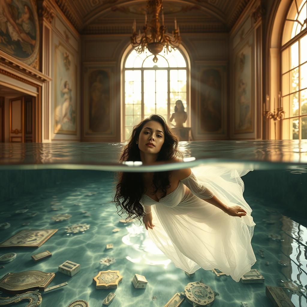 Woman Floats in Flooded Renaissance Room, Dreamy Digital Art