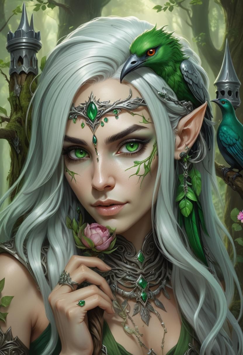 Detailed Illustration of a Elven Druid woman holding a  larg...