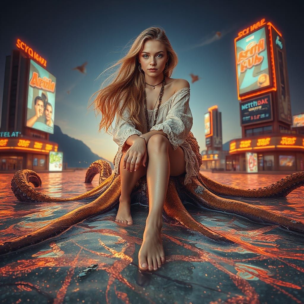 Luminous Woman on Iridescent Squid in Surreal Soda Sea