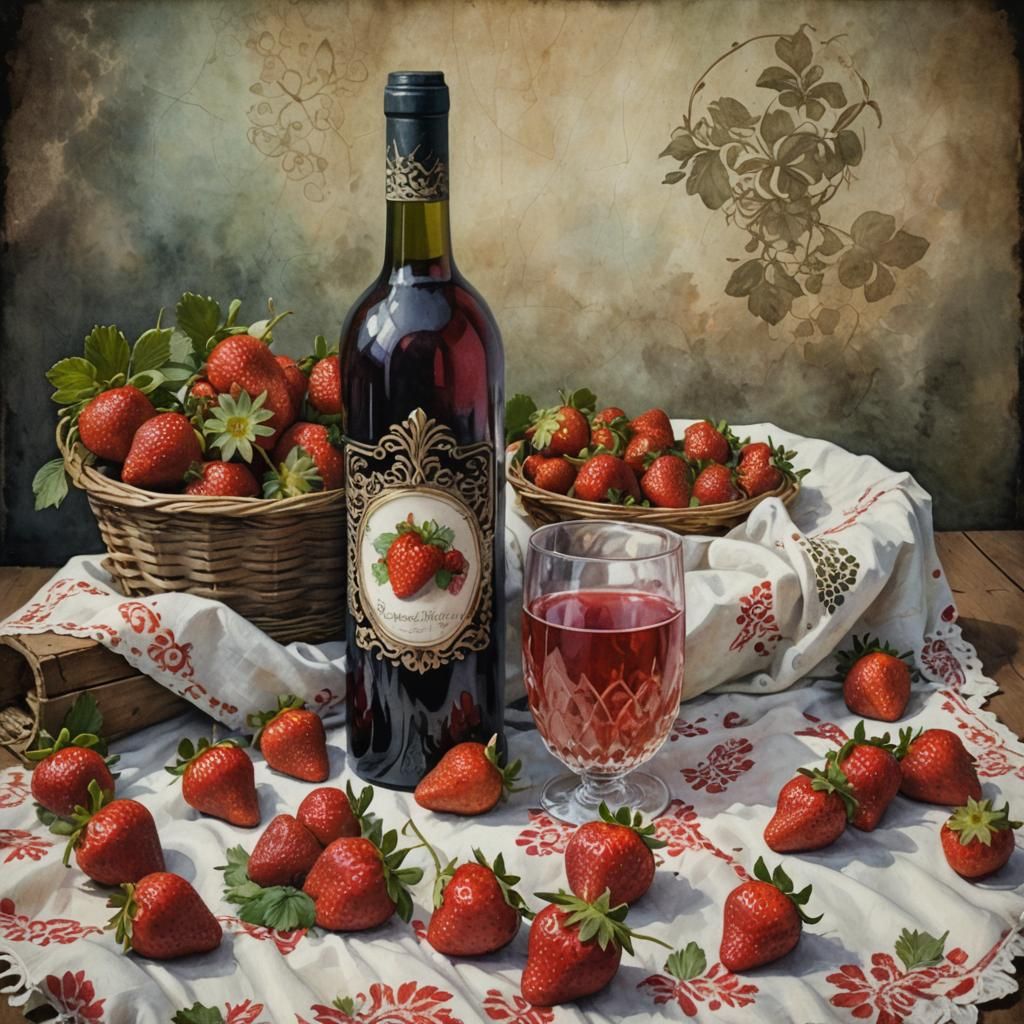 Macabre Strawberry Wine Still Life in Watercolor