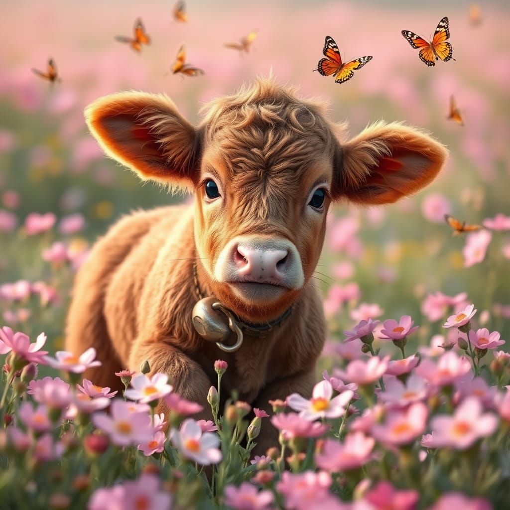 Fluffy Calf in Flower Field, Beatrix Potter Style