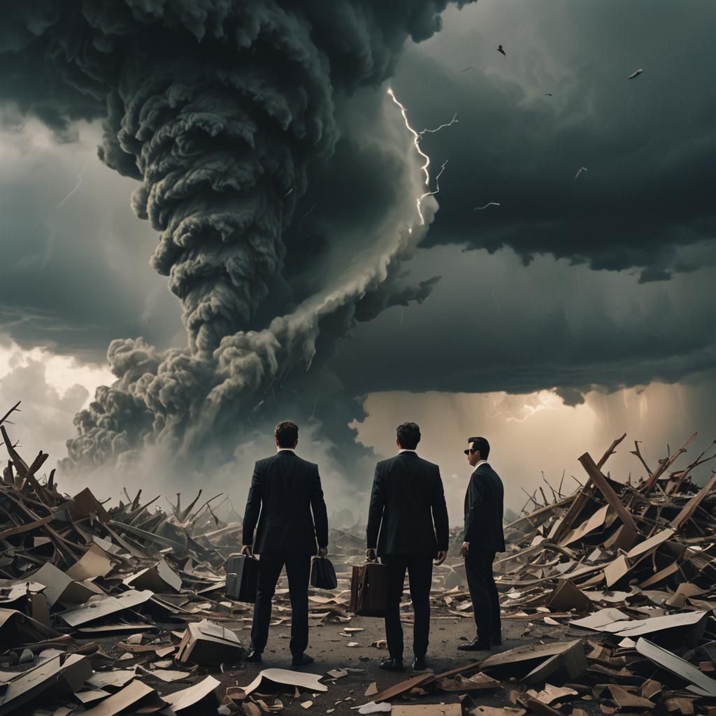 Men in Black in Tornado: Surreal Cinematic Scene
